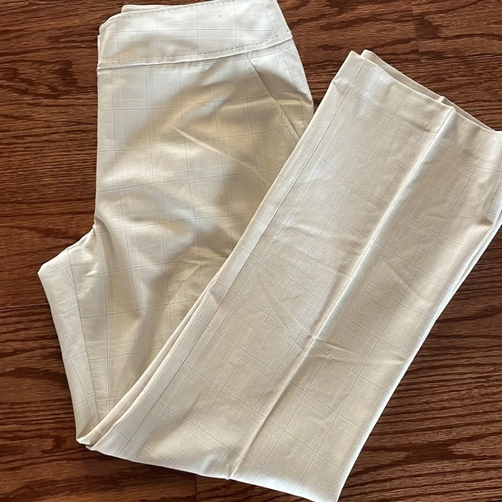 Cass women’s luxury rayon poly stretch cream muted plaid slacks trousers zip 12
